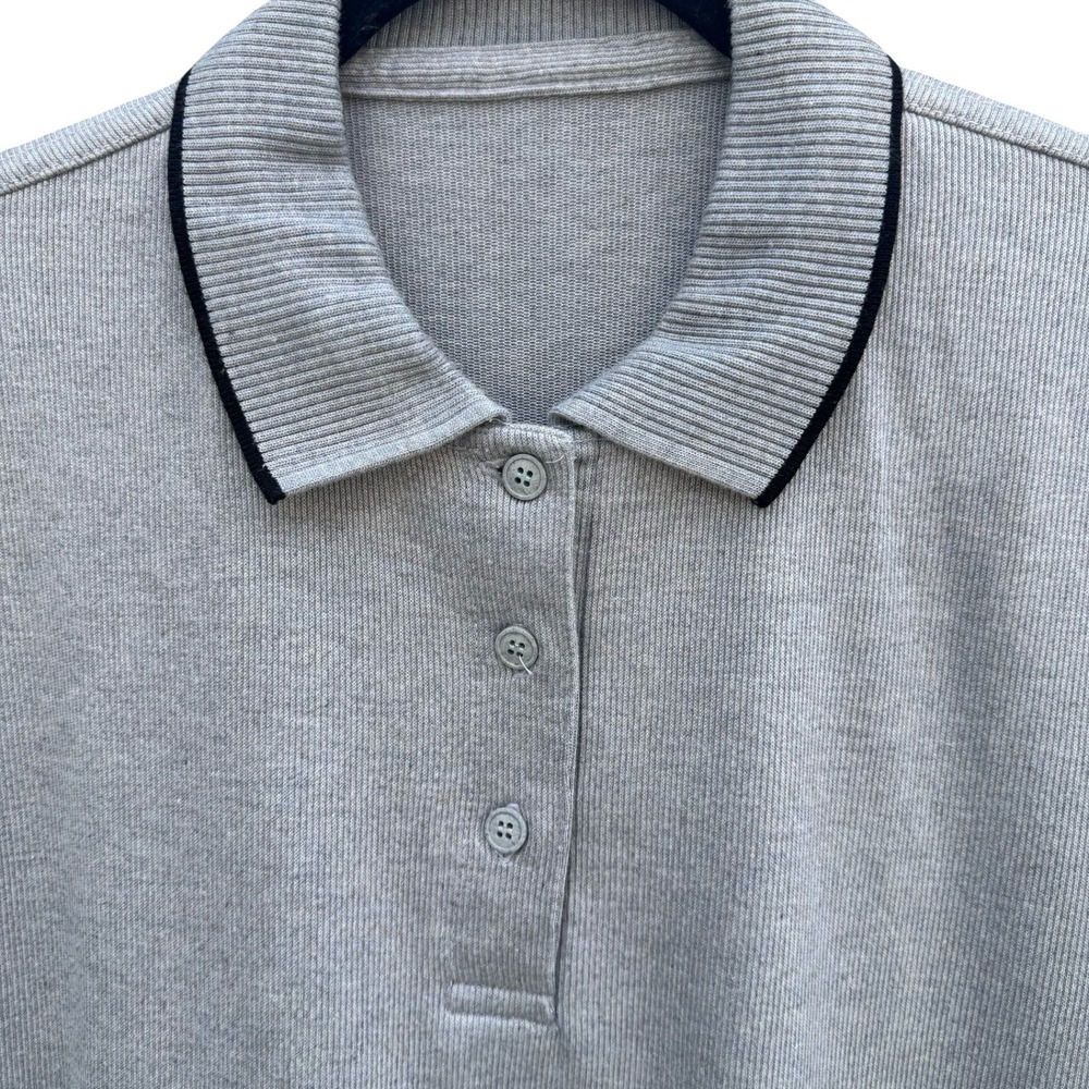 Vintage 80s Grey Ribbed Knitwear Short Sleeve Polo M Preppy Old Money Minimalist - Picture 5 of 9